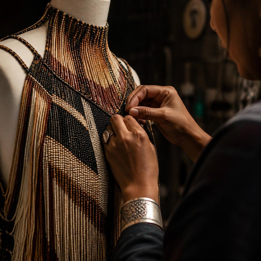Indigenous designer at work on a garment