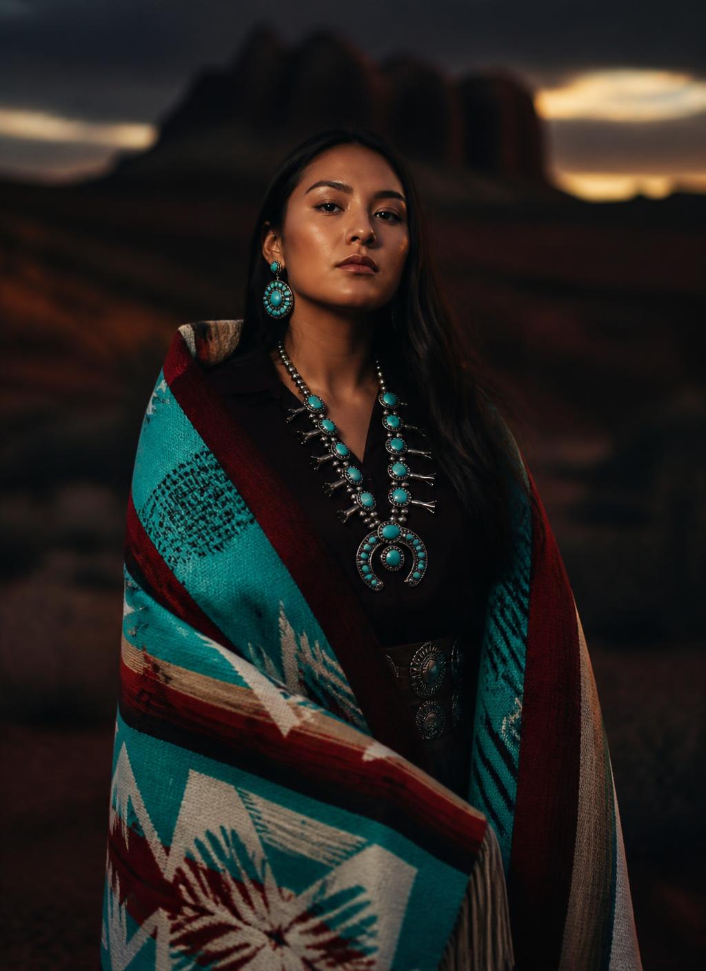 Model in a woven turquoise and red blanket in the Arizona desert